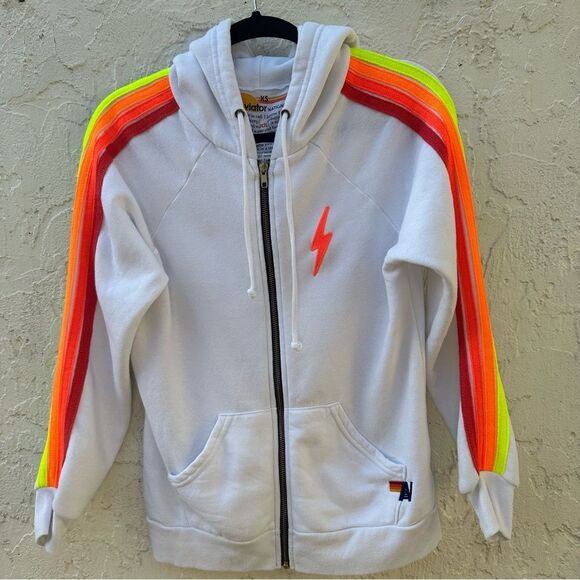 AVIATOR NATION Jacket Women XS Hoodie Full Zip Neon Stripe Lightning Bolt - Picture 1 of 13